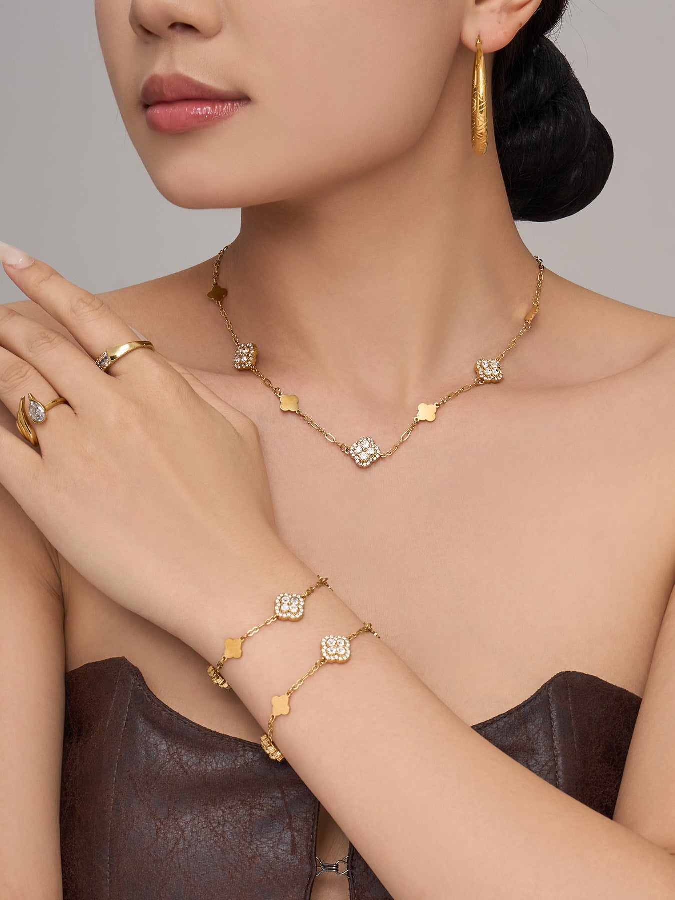 316L Stainless Steel 18K Gold PVD Four-Leaf Clover Flower Zircon Necklace Bracelet - Four-Leaf Clover Flower Zircon Wholesale Stainless Steel Jewelry - Sensitive Skin Friendly - Detail 12