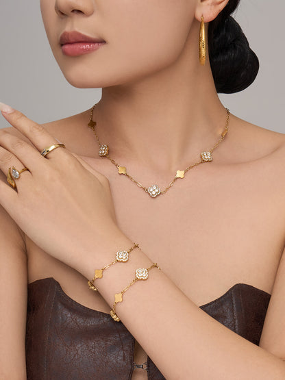 316L Stainless Steel 18K Gold PVD Four-Leaf Clover Flower Zircon Necklace Bracelet - Four-Leaf Clover Flower Zircon Wholesale Stainless Steel Jewelry - Sensitive Skin Friendly - Detail 12