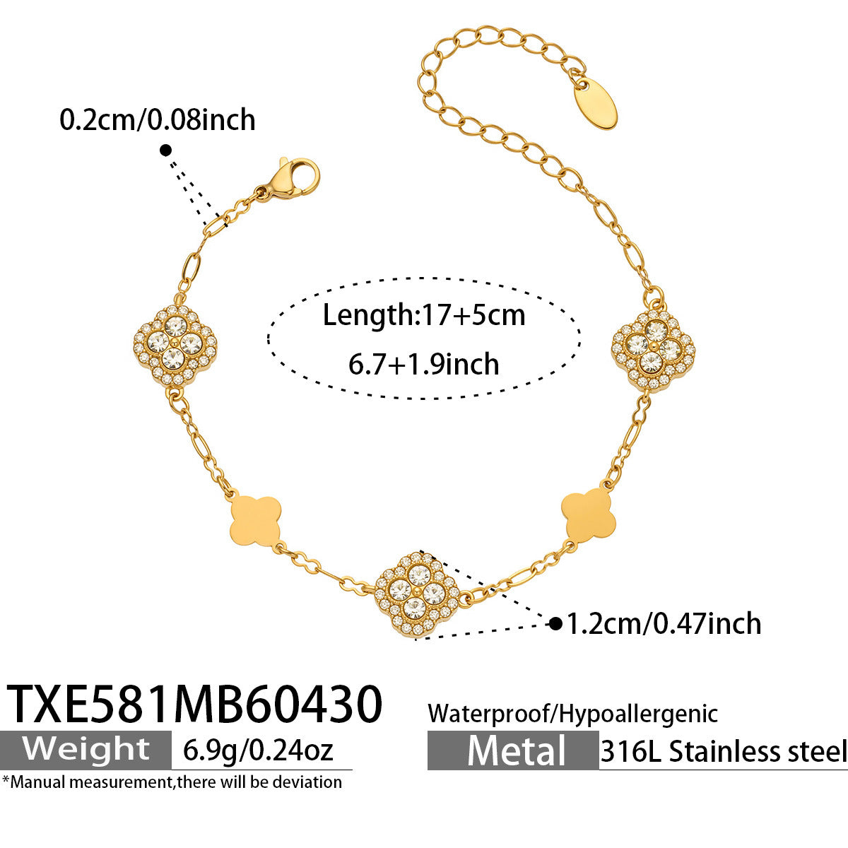 316L Stainless Steel 18K Gold PVD Four-Leaf Clover Flower Zircon Necklace Bracelet - Four-Leaf Clover Flower Zircon Wholesale Stainless Steel Jewelry - Sensitive Skin Friendly - Detail 13