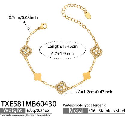 316L Stainless Steel 18K Gold PVD Four-Leaf Clover Flower Zircon Necklace Bracelet - Four-Leaf Clover Flower Zircon Wholesale Stainless Steel Jewelry - Sensitive Skin Friendly - Detail 13