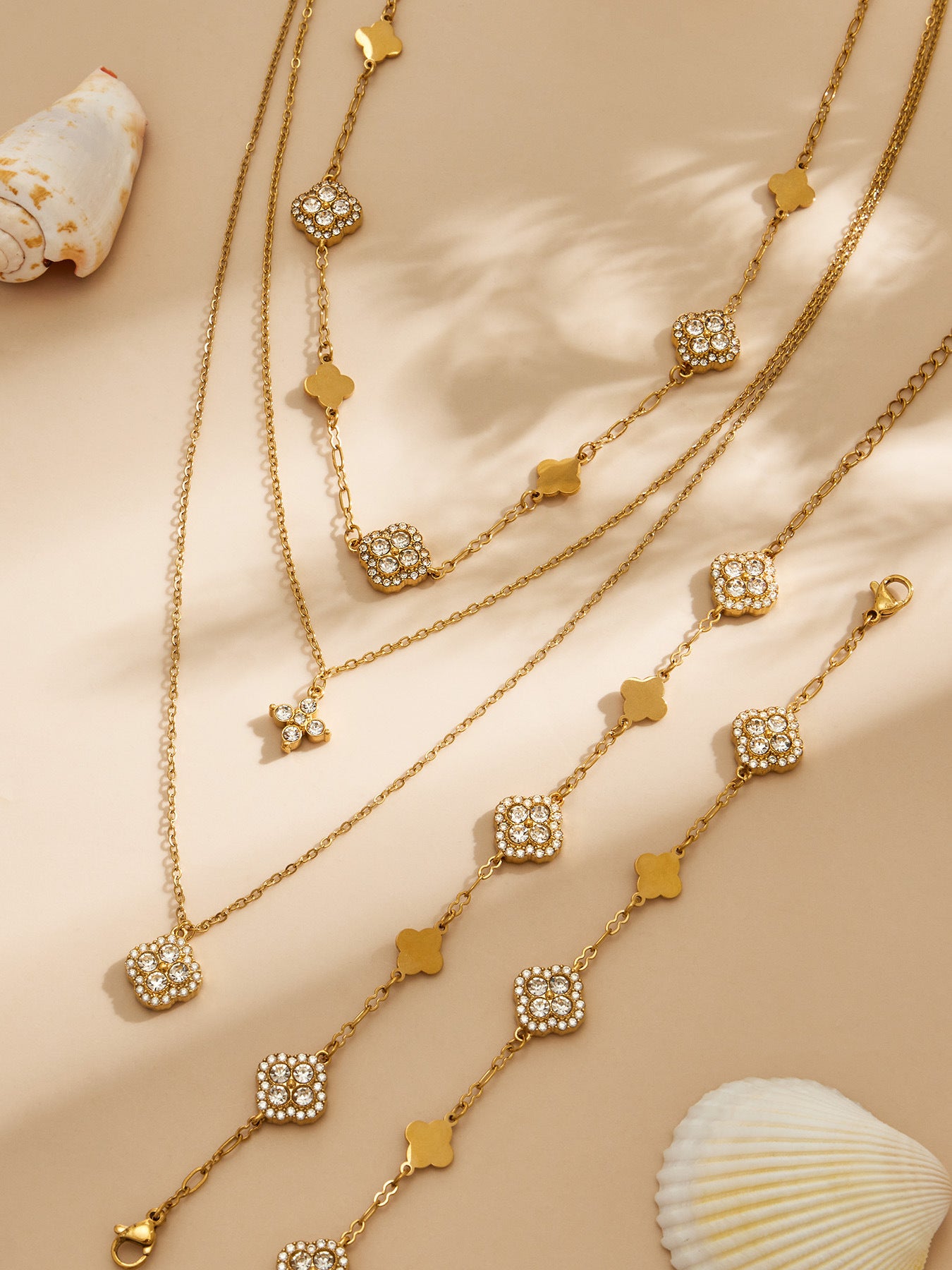 316L Stainless Steel 18K Gold PVD Four-Leaf Clover Flower Zircon Necklace Bracelet - Four-Leaf Clover Flower Zircon Wholesale Stainless Steel Jewelry - Sensitive Skin Friendly - Detail 14