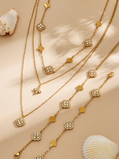316L Stainless Steel 18K Gold PVD Four-Leaf Clover Flower Zircon Necklace Bracelet - Four-Leaf Clover Flower Zircon Wholesale Stainless Steel Jewelry - Sensitive Skin Friendly - Detail 14