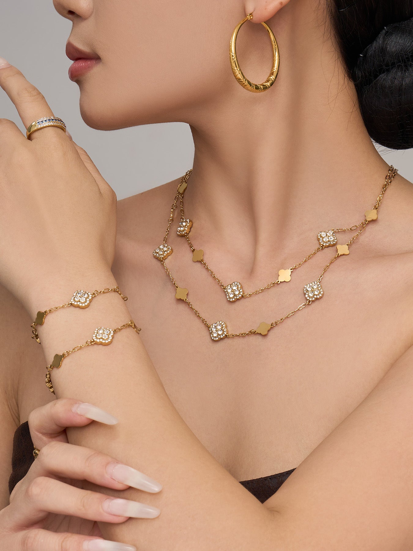 316L Stainless Steel 18K Gold PVD Four-Leaf Clover Flower Zircon Necklace Bracelet - Four-Leaf Clover Flower Zircon Wholesale Stainless Steel Jewelry - Sensitive Skin Friendly - Detail 16