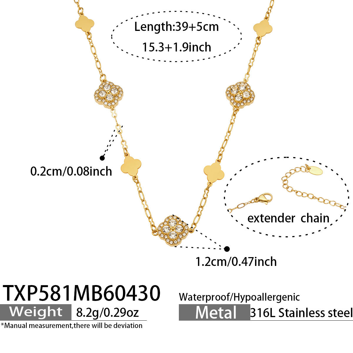 316L Stainless Steel 18K Gold PVD Four-Leaf Clover Flower Zircon Necklace Bracelet - Four-Leaf Clover Flower Zircon Wholesale Stainless Steel Jewelry - Sensitive Skin Friendly - Detail 2