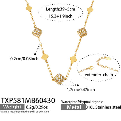 316L Stainless Steel 18K Gold PVD Four-Leaf Clover Flower Zircon Necklace Bracelet - Four-Leaf Clover Flower Zircon Wholesale Stainless Steel Jewelry - Sensitive Skin Friendly - Detail 2