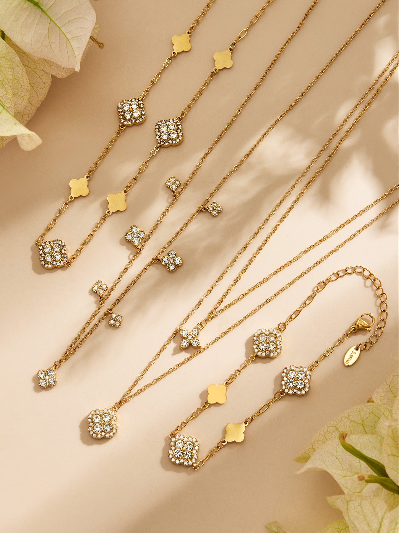 316L Stainless Steel 18K Gold PVD Four-Leaf Clover Flower Zircon Necklace Bracelet - Four-Leaf Clover Flower Zircon Wholesale Stainless Steel Jewelry - Sensitive Skin Friendly - Detail 6