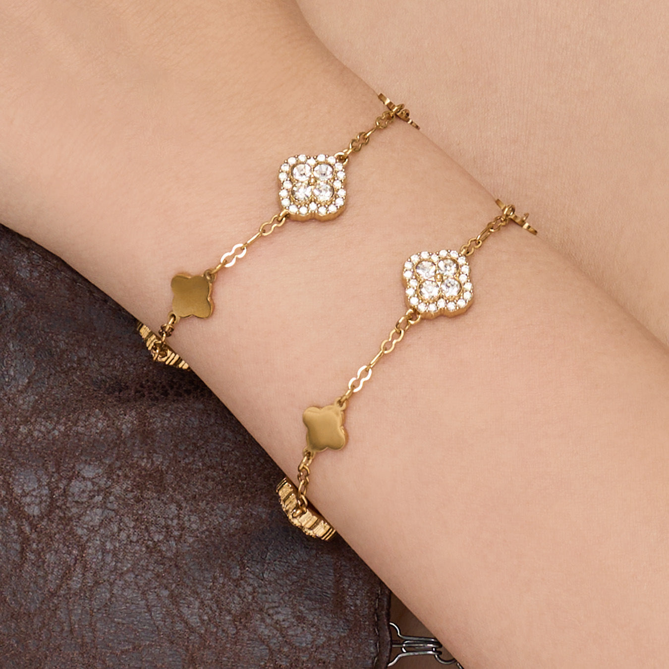 316L Stainless Steel 18K Gold PVD Four-Leaf Clover Flower Zircon Necklace Bracelet - Four-Leaf Clover Flower Zircon Wholesale Stainless Steel Jewelry - Sensitive Skin Friendly - Detail 7