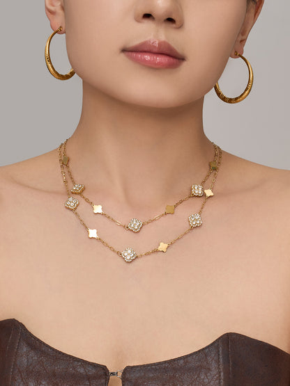 316L Stainless Steel 18K Gold PVD Four-Leaf Clover Flower Zircon Necklace Bracelet - Four-Leaf Clover Flower Zircon Wholesale Stainless Steel Jewelry - Sensitive Skin Friendly - Detail 8