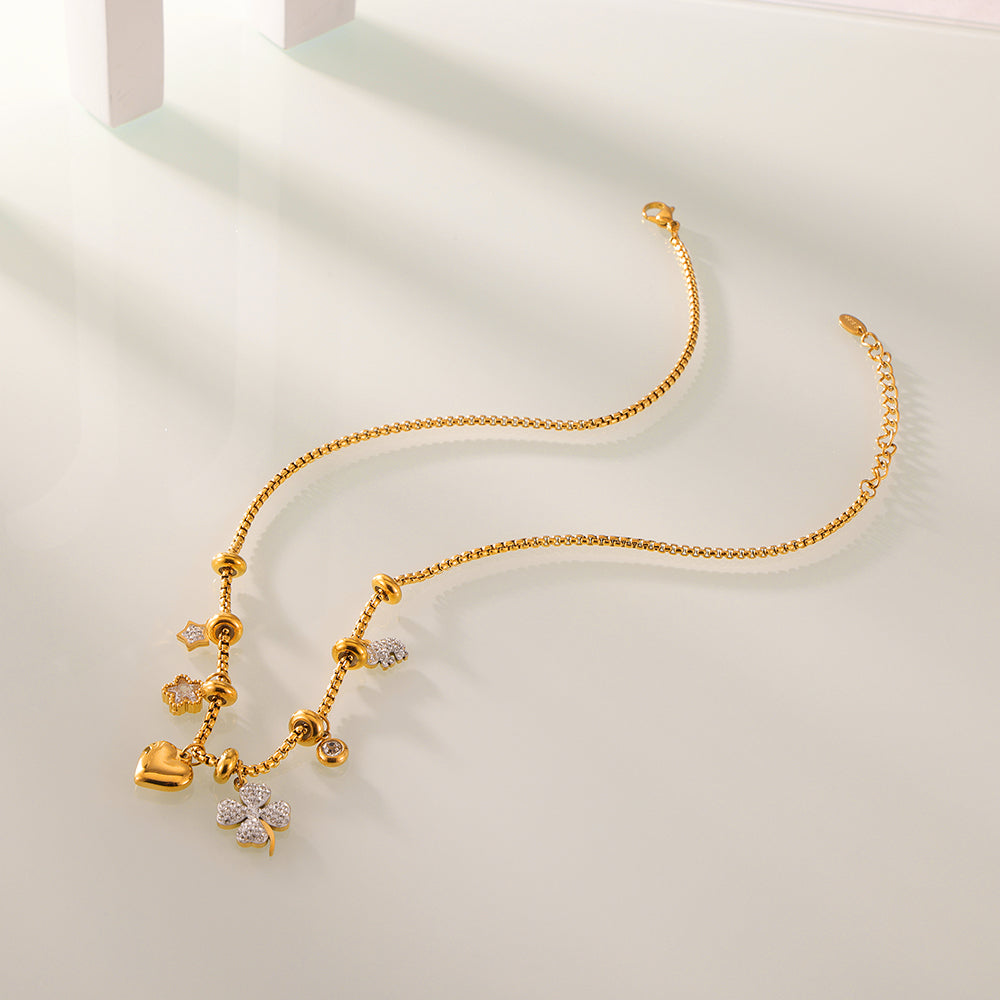 316L Stainless Steel 18K Gold PVD Four Leaf Clover & Heart Pendant Bracelet & Necklace Set - Four Leaf Clover Pendant, Heart Pendant, Gold Bracelet, Gold Necklace, Minimalist Jewelry, Elegant Set Wholesale Stainless Steel Jewelry - Sensitive Skin Friendly - Detail 1