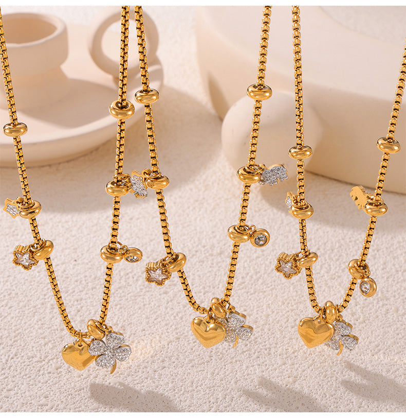 316L Stainless Steel 18K Gold PVD Four Leaf Clover & Heart Pendant Bracelet & Necklace Set - Four Leaf Clover Pendant, Heart Pendant, Gold Bracelet, Gold Necklace, Minimalist Jewelry, Elegant Set Wholesale Stainless Steel Jewelry - Sensitive Skin Friendly - Detail 15