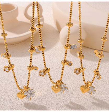 316L Stainless Steel 18K Gold PVD Four Leaf Clover & Heart Pendant Bracelet & Necklace Set - Four Leaf Clover Pendant, Heart Pendant, Gold Bracelet, Gold Necklace, Minimalist Jewelry, Elegant Set Wholesale Stainless Steel Jewelry - Sensitive Skin Friendly - Detail 15