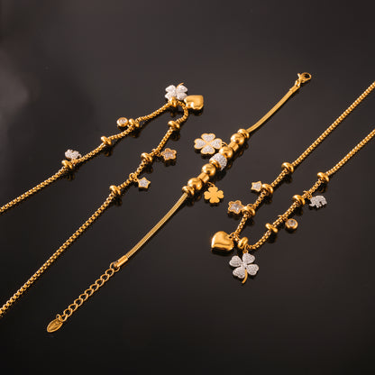 316L Stainless Steel 18K Gold PVD Four Leaf Clover & Heart Pendant Bracelet & Necklace Set - Four Leaf Clover Pendant, Heart Pendant, Gold Bracelet, Gold Necklace, Minimalist Jewelry, Elegant Set Wholesale Stainless Steel Jewelry - Sensitive Skin Friendly - Detail 20