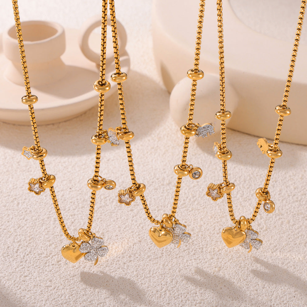 316L Stainless Steel 18K Gold PVD Four Leaf Clover & Heart Pendant Bracelet & Necklace Set - Four Leaf Clover Pendant, Heart Pendant, Gold Bracelet, Gold Necklace, Minimalist Jewelry, Elegant Set Wholesale Stainless Steel Jewelry - Sensitive Skin Friendly - Detail 5
