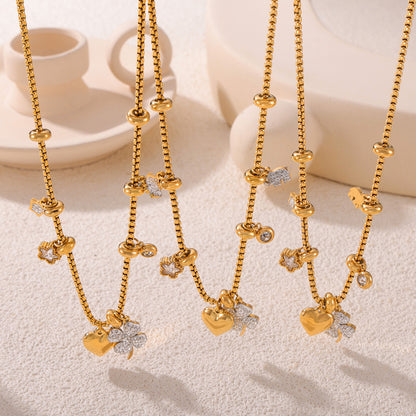 316L Stainless Steel 18K Gold PVD Four Leaf Clover & Heart Pendant Bracelet & Necklace Set - Four Leaf Clover Pendant, Heart Pendant, Gold Bracelet, Gold Necklace, Minimalist Jewelry, Elegant Set Wholesale Stainless Steel Jewelry - Sensitive Skin Friendly - Detail 5