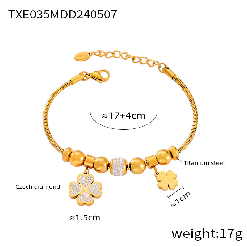 316L Stainless Steel 18K Gold PVD Four Leaf Clover & Heart Pendant Bracelet & Necklace Set - Four Leaf Clover Pendant, Heart Pendant, Gold Bracelet, Gold Necklace, Minimalist Jewelry, Elegant Set Wholesale Stainless Steel Jewelry - Sensitive Skin Friendly - Detail 7