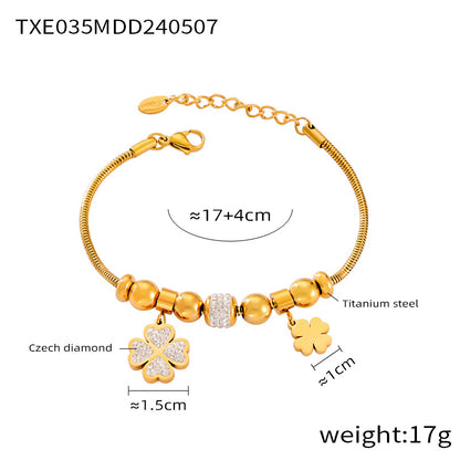 316L Stainless Steel 18K Gold PVD Four Leaf Clover & Heart Pendant Bracelet & Necklace Set - Four Leaf Clover Pendant, Heart Pendant, Gold Bracelet, Gold Necklace, Minimalist Jewelry, Elegant Set Wholesale Stainless Steel Jewelry - Sensitive Skin Friendly - Detail 7