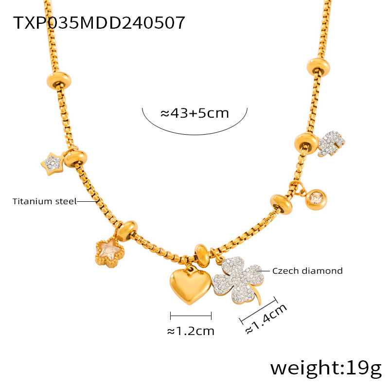 316L Stainless Steel 18K Gold PVD Four Leaf Clover & Heart Pendant Bracelet & Necklace Set - Four Leaf Clover Pendant, Heart Pendant, Gold Bracelet, Gold Necklace, Minimalist Jewelry, Elegant Set Wholesale Stainless Steel Jewelry - Sensitive Skin Friendly - Detail 8