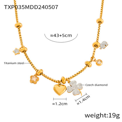 316L Stainless Steel 18K Gold PVD Four Leaf Clover & Heart Pendant Bracelet & Necklace Set - Four Leaf Clover Pendant, Heart Pendant, Gold Bracelet, Gold Necklace, Minimalist Jewelry, Elegant Set Wholesale Stainless Steel Jewelry - Sensitive Skin Friendly - Detail 8