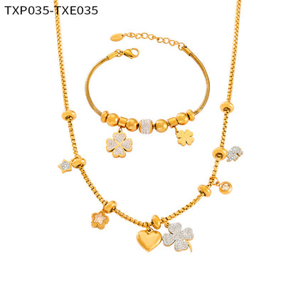 316L Stainless Steel 18K Gold PVD Four Leaf Clover & Heart Pendant Bracelet & Necklace Set - Four Leaf Clover Pendant, Heart Pendant, Gold Bracelet, Gold Necklace, Minimalist Jewelry, Elegant Set Wholesale Stainless Steel Jewelry - Sensitive Skin Friendly - Detail 9