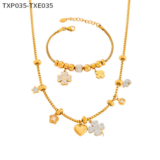 316L Stainless Steel 18K Gold PVD Four Leaf Clover & Heart Pendant Bracelet & Necklace Set - Four Leaf Clover Pendant, Heart Pendant, Gold Bracelet, Gold Necklace, Minimalist Jewelry, Elegant Set Wholesale Stainless Steel Jewelry - Sensitive Skin Friendly - Detail 9