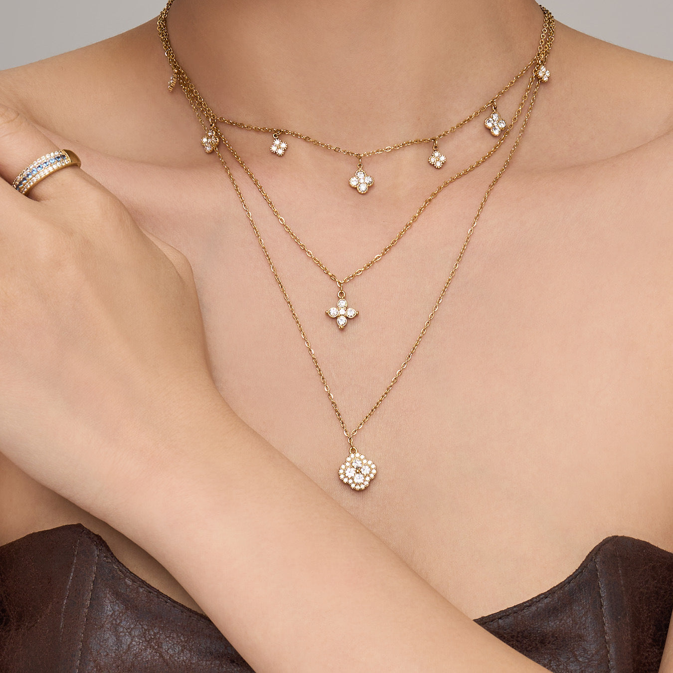 316L Stainless Steel 18K Gold PVD Four-Leaf Clover Pavé Necklace - Four-Leaf Clover Pavé Gold Necklace Wholesale Stainless Steel Jewelry - Sensitive Skin Friendly - Detail 11