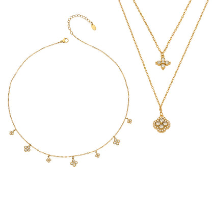 316L Stainless Steel 18K Gold PVD Four-Leaf Clover Pavé Necklace - Four-Leaf Clover Pavé Gold Necklace Wholesale Stainless Steel Jewelry - Sensitive Skin Friendly - Detail 14