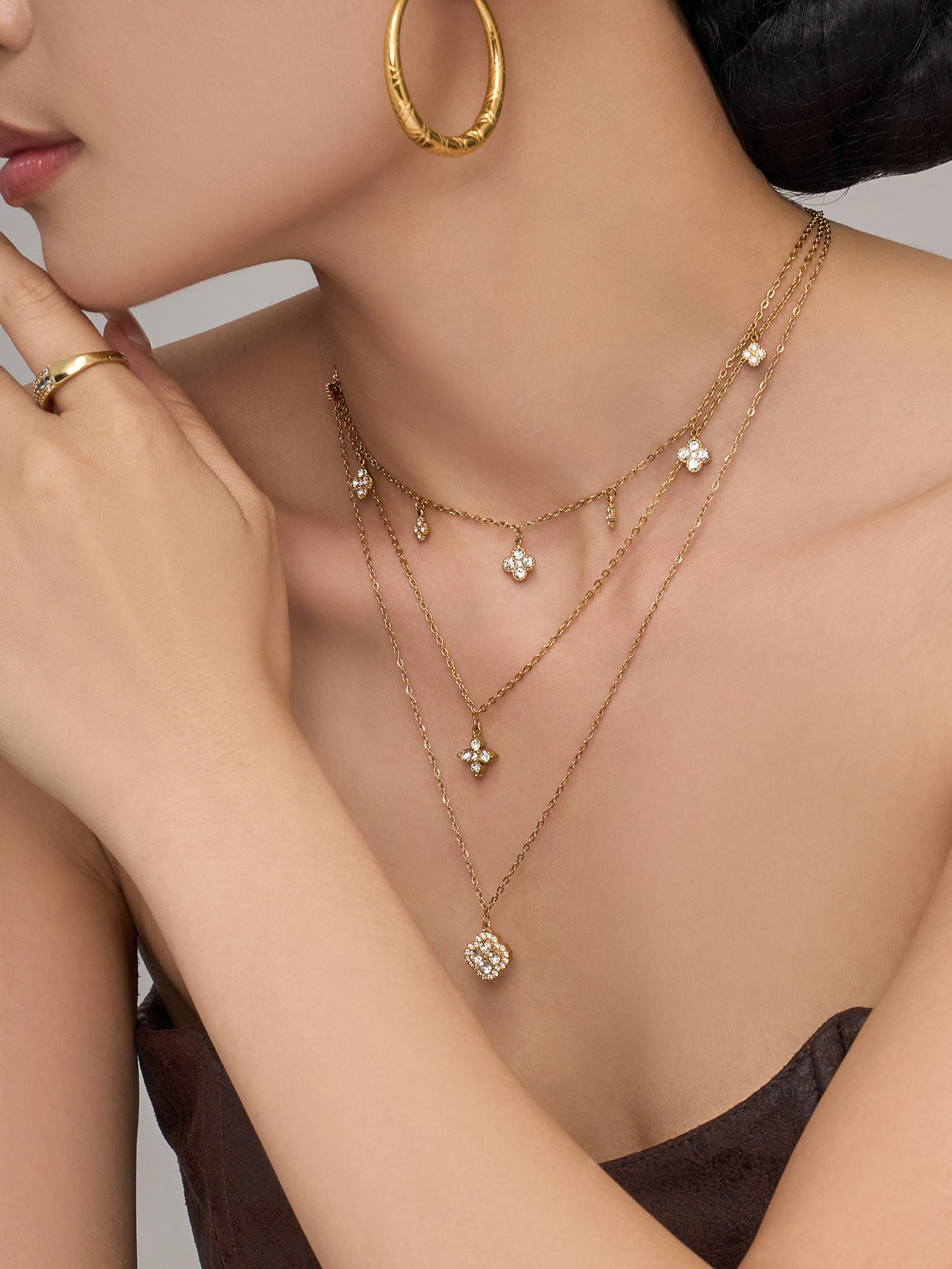 316L Stainless Steel 18K Gold PVD Four-Leaf Clover Pavé Necklace - Four-Leaf Clover Pavé Gold Necklace Wholesale Stainless Steel Jewelry - Sensitive Skin Friendly - Detail 5