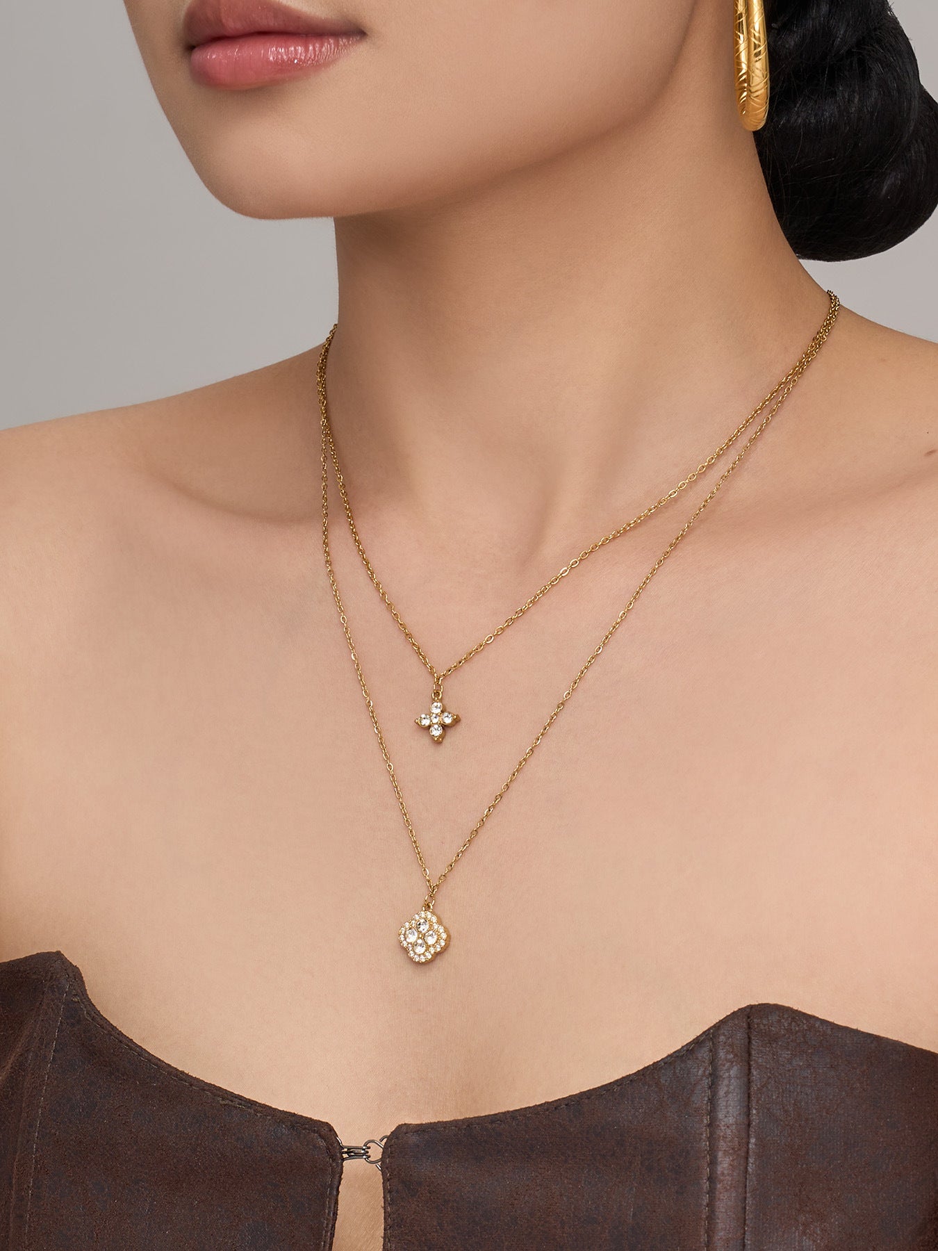 316L Stainless Steel 18K Gold PVD Four-Leaf Clover Pavé Necklace - Four-Leaf Clover Pavé Gold Necklace Wholesale Stainless Steel Jewelry - Sensitive Skin Friendly - Detail 6