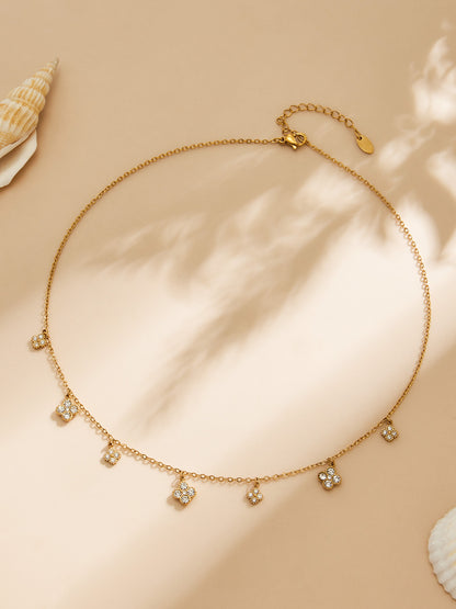 316L Stainless Steel 18K Gold PVD Four-Leaf Clover Pavé Necklace - Four-Leaf Clover Pavé Gold Necklace Wholesale Stainless Steel Jewelry - Sensitive Skin Friendly - Detail 8