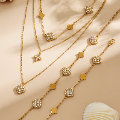 316L Stainless Steel 18K Gold PVD Four-Leaf Clover Pavé Necklace - Four-Leaf Clover Pavé Gold Necklace Wholesale Stainless Steel Jewelry - Sensitive Skin Friendly - Detail 9