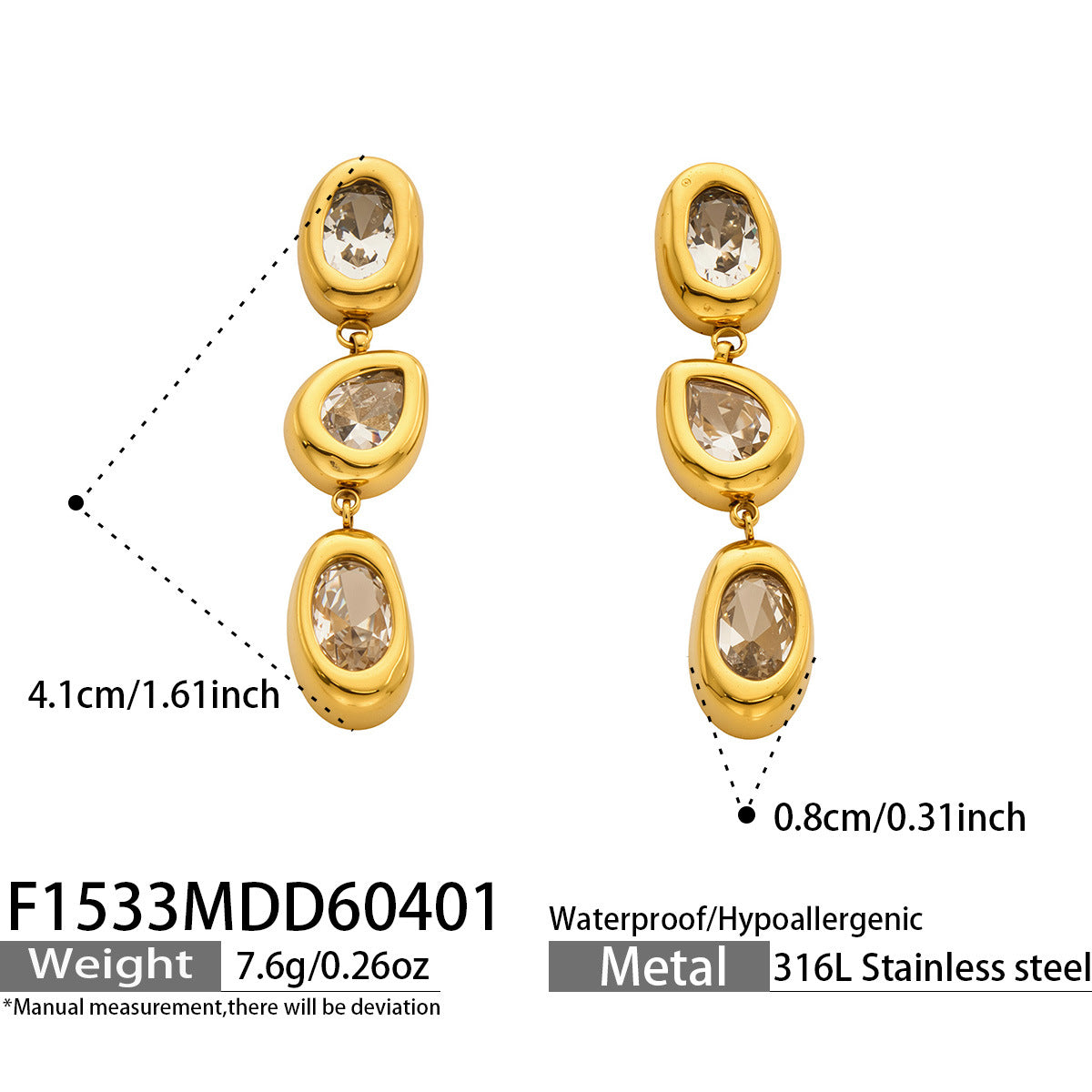 316L Stainless Steel 18K Gold PVD French 5A Zirconia Elegant Long Drop Earrings - French Design, Long Drop, 5A Zirconia, Elegant, Gold Plated Wholesale Stainless Steel Jewelry - Sensitive Skin Friendly - Detail 1