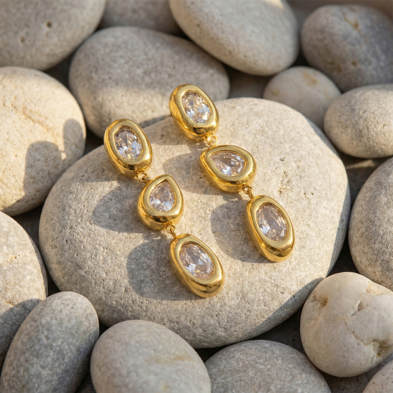 316L Stainless Steel 18K Gold PVD French 5A Zirconia Elegant Long Drop Earrings - French Design, Long Drop, 5A Zirconia, Elegant, Gold Plated Wholesale Stainless Steel Jewelry - Sensitive Skin Friendly - Detail 2