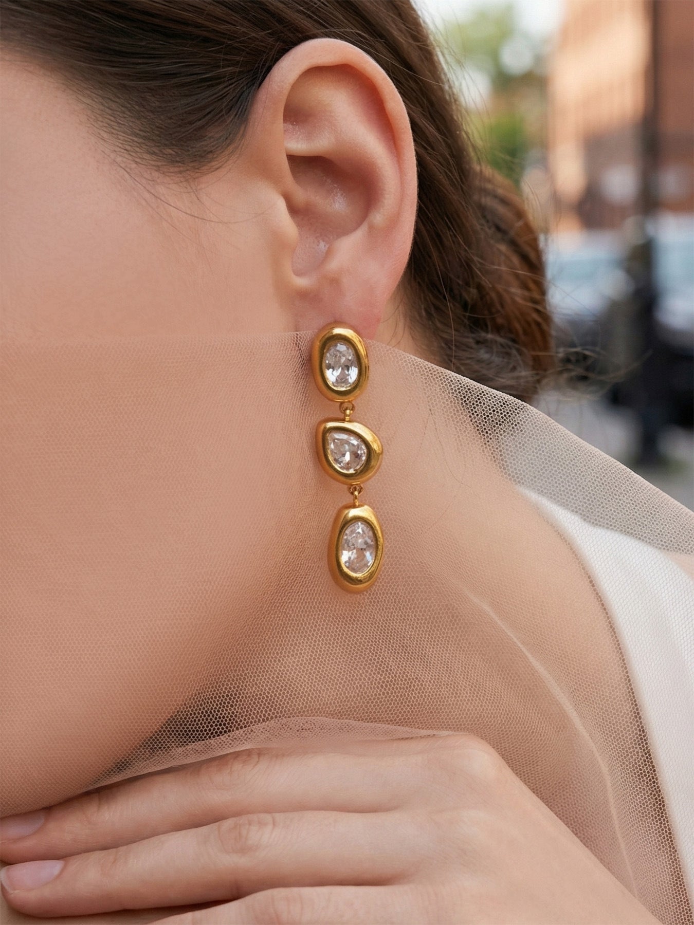 316L Stainless Steel 18K Gold PVD French 5A Zirconia Elegant Long Drop Earrings - French Design, Long Drop, 5A Zirconia, Elegant, Gold Plated Wholesale Stainless Steel Jewelry - Sensitive Skin Friendly - Detail 4