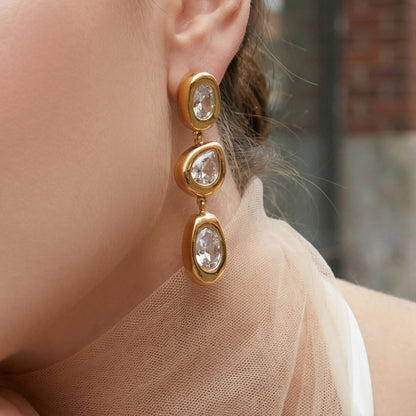 316L Stainless Steel 18K Gold PVD French 5A Zirconia Elegant Long Drop Earrings - French Design, Long Drop, 5A Zirconia, Elegant, Gold Plated Wholesale Stainless Steel Jewelry - Sensitive Skin Friendly - Detail 5