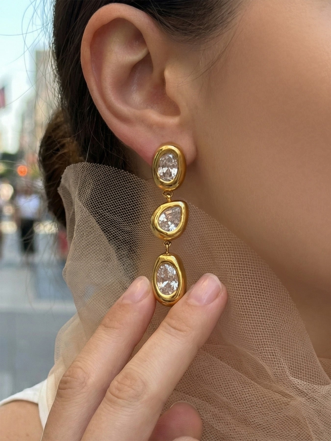 316L Stainless Steel 18K Gold PVD French 5A Zirconia Elegant Long Drop Earrings - French Design, Long Drop, 5A Zirconia, Elegant, Gold Plated Wholesale Stainless Steel Jewelry - Sensitive Skin Friendly - Detail 8