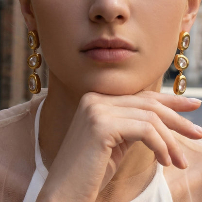 316L Stainless Steel 18K Gold PVD French 5A Zirconia Elegant Long Drop Earrings - French Design, Long Drop, 5A Zirconia, Elegant, Gold Plated Wholesale Stainless Steel Jewelry - Sensitive Skin Friendly - Detail 9