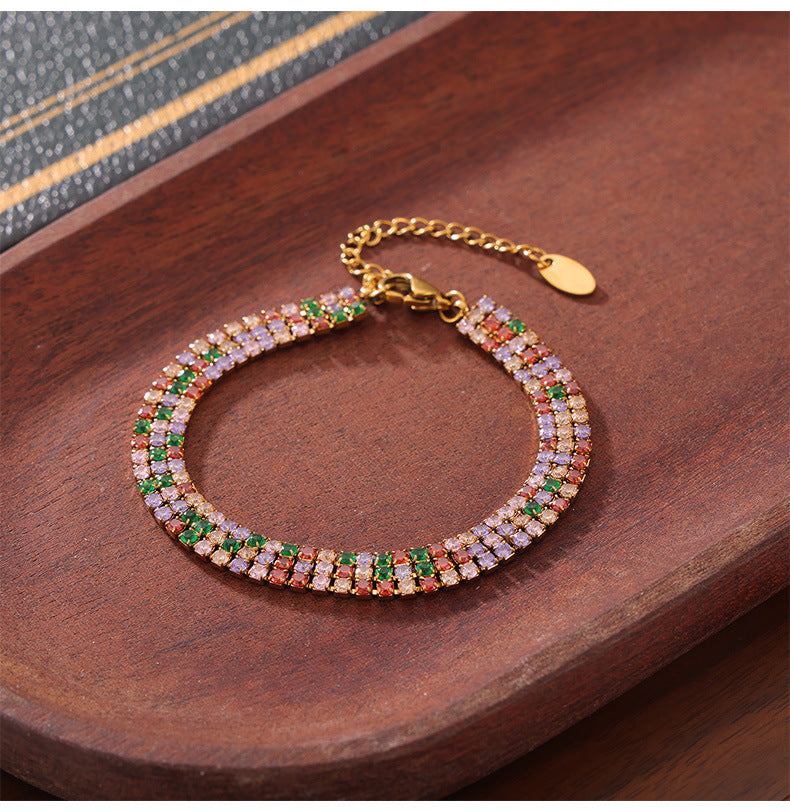 316L Stainless Steel 18K Gold PVD French Minimalist Full-Pavé Colorful Zircon Bracelet - French Minimalist, Full-Pavé Zircon, Colorful Zircon, White Zircon, Gold Plated, Steel Finish, Elegant Bracelet Wholesale Stainless Steel Jewelry - Sensitive Skin Friendly - Detail 13