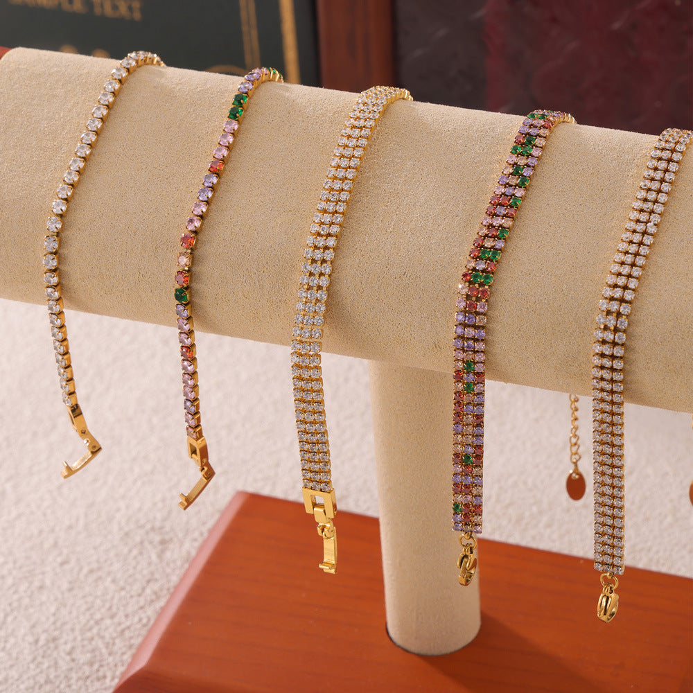 316L Stainless Steel 18K Gold PVD French Minimalist Full-Pavé Colorful Zircon Bracelet - French Minimalist, Full-Pavé Zircon, Colorful Zircon, White Zircon, Gold Plated, Steel Finish, Elegant Bracelet Wholesale Stainless Steel Jewelry - Sensitive Skin Friendly - Detail 2