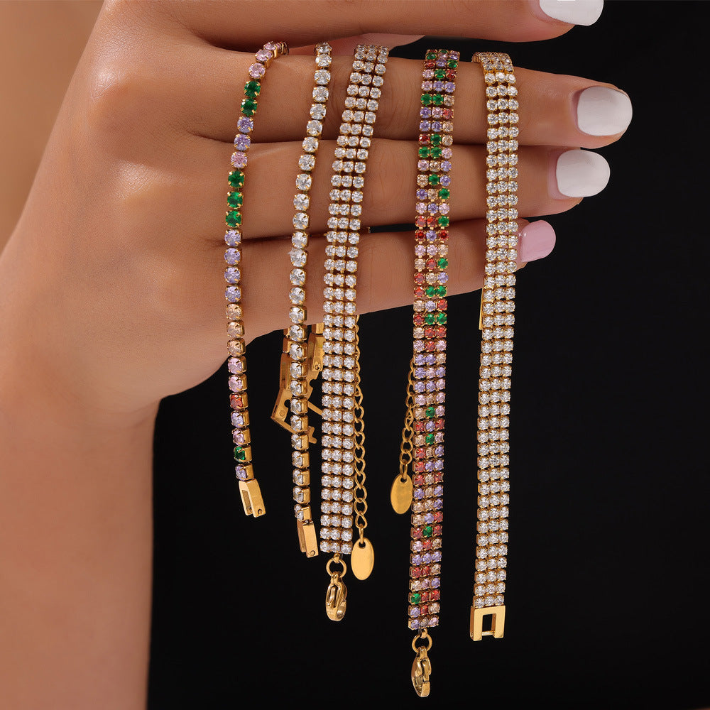 316L Stainless Steel 18K Gold PVD French Minimalist Full-Pavé Colorful Zircon Bracelet - French Minimalist, Full-Pavé Zircon, Colorful Zircon, White Zircon, Gold Plated, Steel Finish, Elegant Bracelet Wholesale Stainless Steel Jewelry - Sensitive Skin Friendly - Detail 3