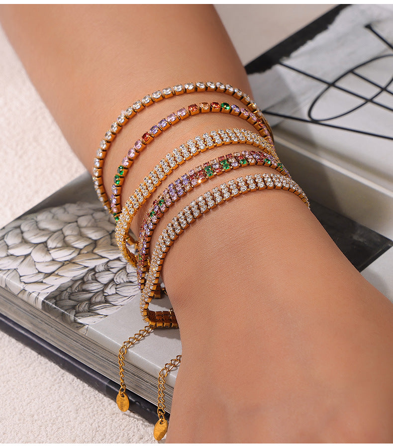 316L Stainless Steel 18K Gold PVD French Minimalist Full-Pavé Colorful Zircon Bracelet - French Minimalist, Full-Pavé Zircon, Colorful Zircon, White Zircon, Gold Plated, Steel Finish, Elegant Bracelet Wholesale Stainless Steel Jewelry - Sensitive Skin Friendly - Detail 5