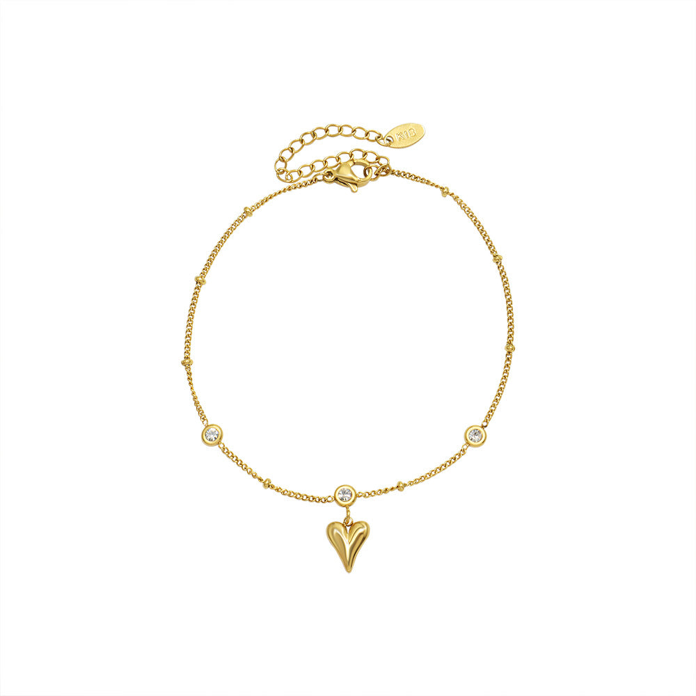 316L Stainless Steel 18K Gold PVD French Style Zircon Heart Anklet - French Style, Heart Pendant, Zircon, Anklet, Gold PVD, Minimalist Wholesale Stainless Steel Jewelry - Sensitive Skin Friendly - Detail 1