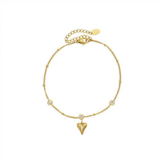 316L Stainless Steel 18K Gold PVD French Style Zircon Heart Anklet - French Style, Heart Pendant, Zircon, Anklet, Gold PVD, Minimalist Wholesale Stainless Steel Jewelry - Sensitive Skin Friendly - Detail 1