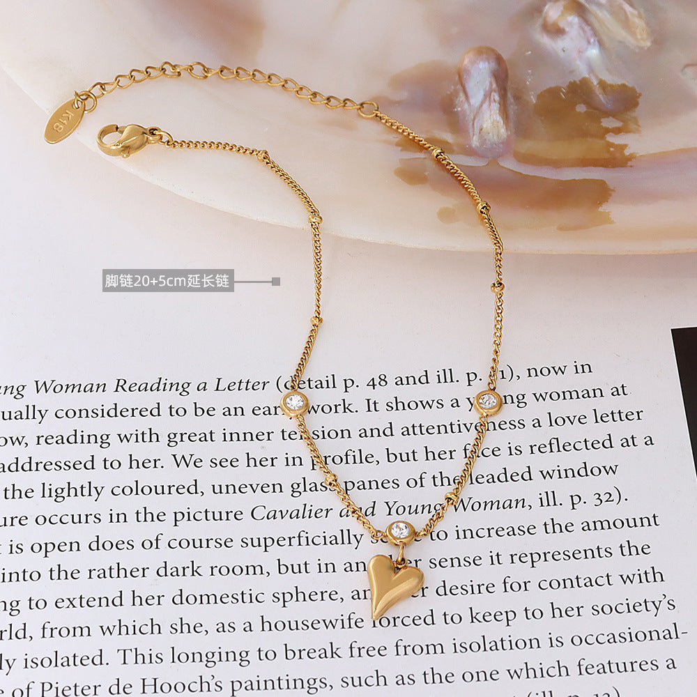 316L Stainless Steel 18K Gold PVD French Style Zircon Heart Anklet - French Style, Heart Pendant, Zircon, Anklet, Gold PVD, Minimalist Wholesale Stainless Steel Jewelry - Sensitive Skin Friendly - Detail 2