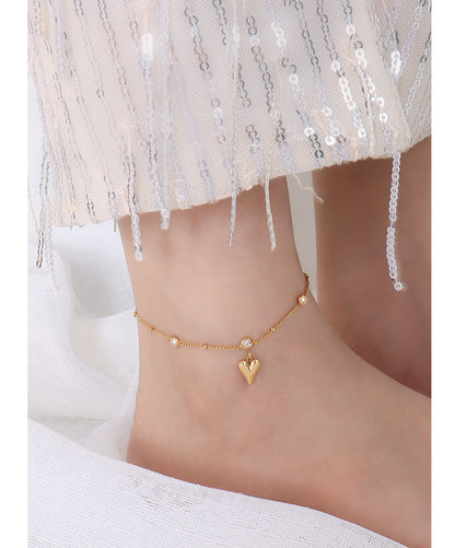 316L Stainless Steel 18K Gold PVD French Style Zircon Heart Anklet - French Style, Heart Pendant, Zircon, Anklet, Gold PVD, Minimalist Wholesale Stainless Steel Jewelry - Sensitive Skin Friendly - Detail 3