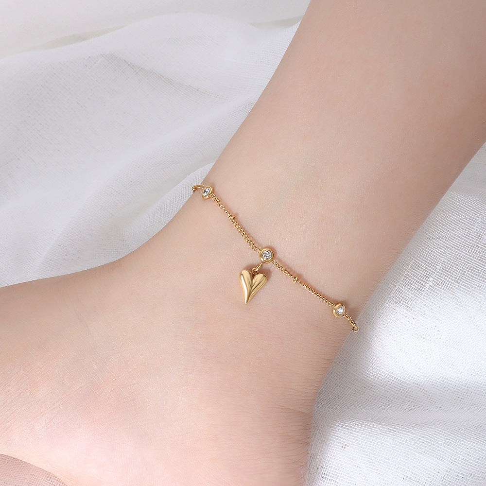 316L Stainless Steel 18K Gold PVD French Style Zircon Heart Anklet - French Style, Heart Pendant, Zircon, Anklet, Gold PVD, Minimalist Wholesale Stainless Steel Jewelry - Sensitive Skin Friendly - Detail 4