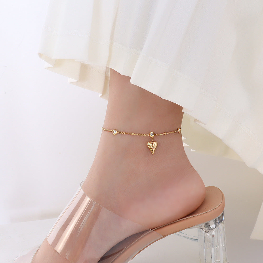 316L Stainless Steel 18K Gold PVD French Style Zircon Heart Anklet - French Style, Heart Pendant, Zircon, Anklet, Gold PVD, Minimalist Wholesale Stainless Steel Jewelry - Sensitive Skin Friendly - Detail 5