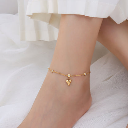 316L Stainless Steel 18K Gold PVD French Style Zircon Heart Anklet - French Style, Heart Pendant, Zircon, Anklet, Gold PVD, Minimalist Wholesale Stainless Steel Jewelry - Sensitive Skin Friendly - Detail 6