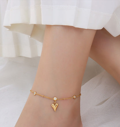 316L Stainless Steel 18K Gold PVD French Style Zircon Heart Anklet - French Style, Heart Pendant, Zircon, Anklet, Gold PVD, Minimalist Wholesale Stainless Steel Jewelry - Sensitive Skin Friendly - Detail 7