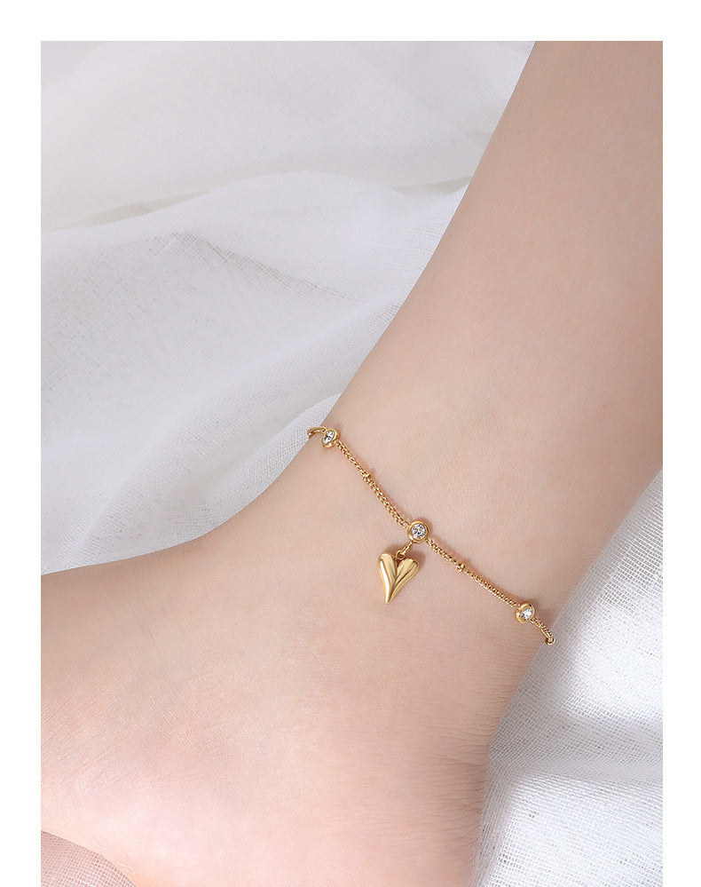 316L Stainless Steel 18K Gold PVD French Style Zircon Heart Anklet - French Style, Heart Pendant, Zircon, Anklet, Gold PVD, Minimalist Wholesale Stainless Steel Jewelry - Sensitive Skin Friendly - Detail 8