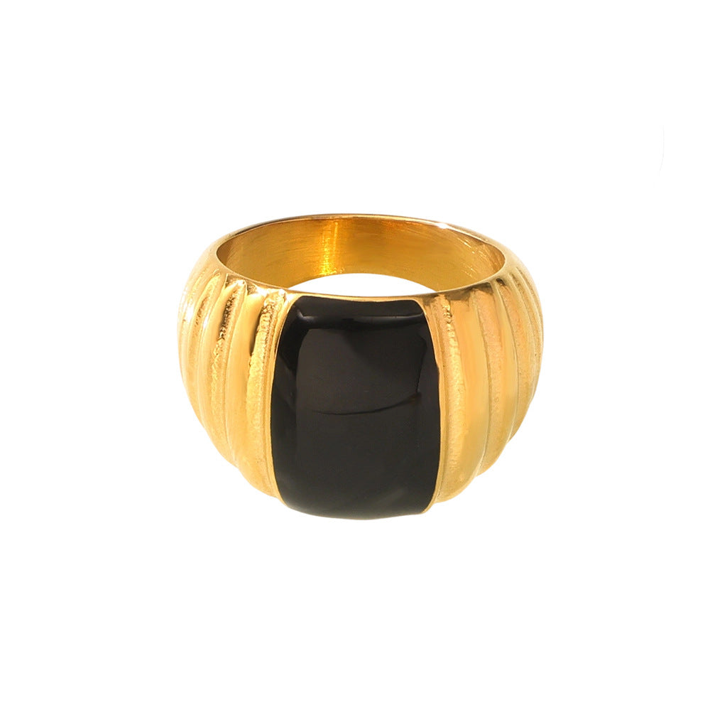 316L Stainless Steel 18K Gold PVD French Vintage Enamel Weighing-Block Ring - French Vintage Enamel Ring Wholesale Stainless Steel Jewelry - Sensitive Skin Friendly - Detail 14